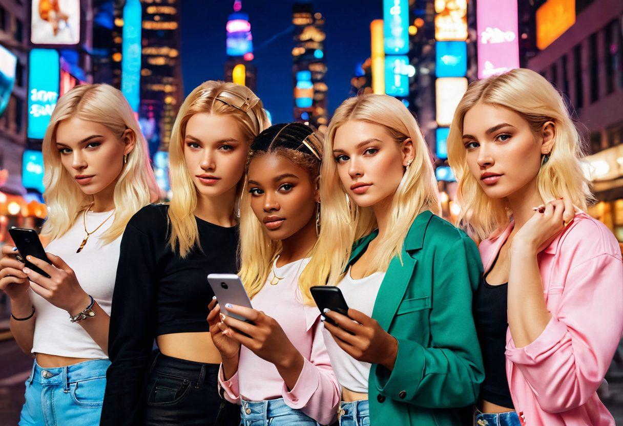 A captivating scene featuring a group of diverse young women with striking blonde hair, embodying beauty and youth culture, surrounded by modern media elements like smartphones and social media icons. The background showcases a vibrant cityscape reflecting contemporary lifestyle and sensuality, with soft, glowing lights and pastel colors enhancing the allure. super-realistic. vibrant colors. dynamic composition.