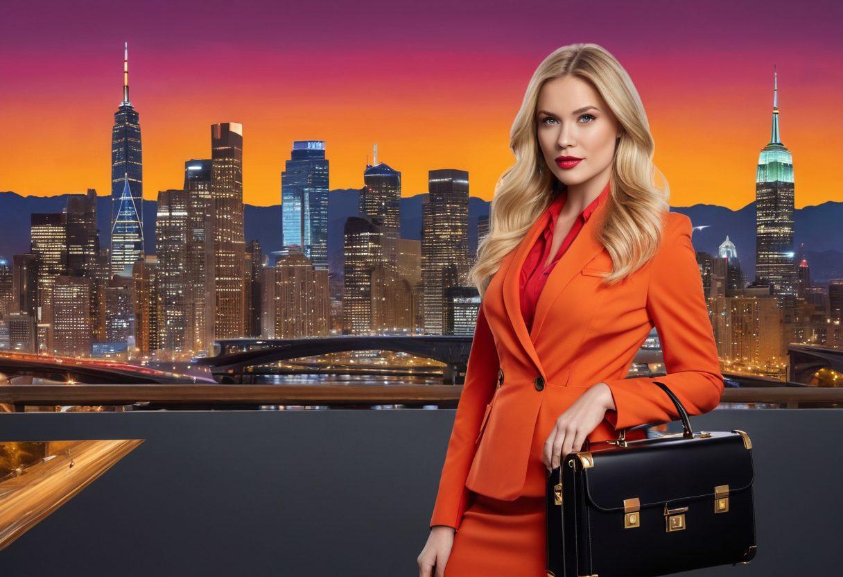 A confident woman with golden blonde hair, standing elegantly in a blend of professional and alluring attire, surrounded by contrasting elements of empowerment and adult entertainment symbols, such as a briefcase on one side and whimsical, playful designs on the other. The backdrop features a vibrant city skyline at dusk, merging sophistication and boldness. Stylized with striking colors and modern art influences.
